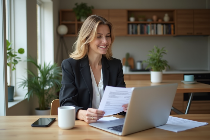 femme-pret-pret-immobilier Femme souriante examinant des documents de prêt à la maison