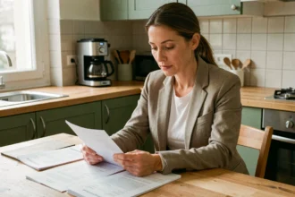 Femme consultant ses documents de prime de pouvoir d'achat PPV 2026 à la table de sa cuisine moderne