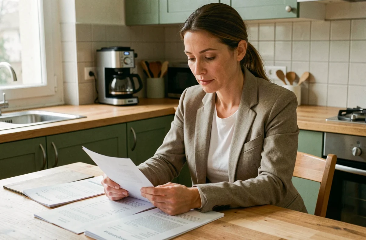 Femme consultant ses documents de prime de pouvoir d'achat PPV 2026 à la table de sa cuisine moderne