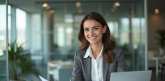 Femme professionnelle souriante au bureau moderne