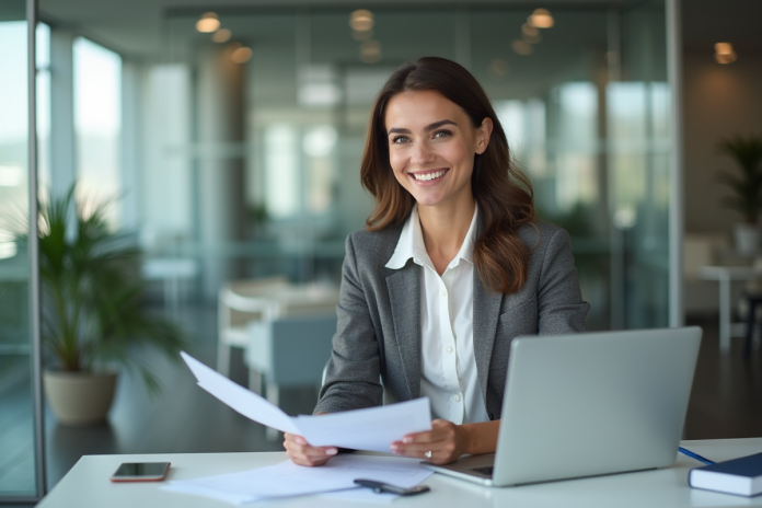 femme-professionnelle-bureau Femme professionnelle souriante au bureau moderne