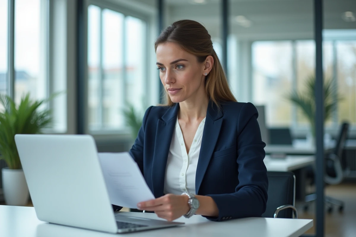 Professionnelle consultant un document de protection des données RGPD sur son ordinateur portable dans un bureau moderne