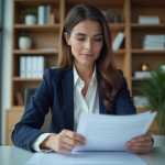 Montant maximum prêt non garanti : Comment le déterminer ? Femme en blazer analysant des documents financiers au bureau