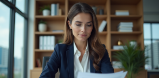 Montant maximum prêt non garanti : Comment le déterminer ? Femme en blazer analysant des documents financiers au bureau