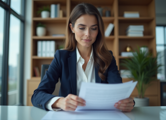 Montant maximum prêt non garanti : Comment le déterminer ? Femme en blazer analysant des documents financiers au bureau