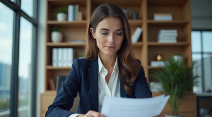 Montant maximum prêt non garanti : Comment le déterminer ? Femme en blazer analysant des documents financiers au bureau