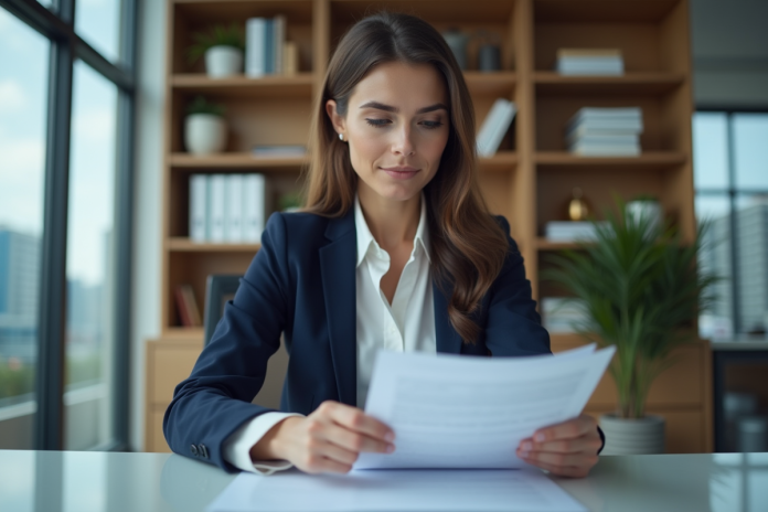 femme-professionnelleanalyse-documents Femme en blazer analysant des documents financiers au bureau