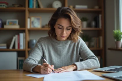 Femme rédigeant une lettre de demande de blocage de prélèvement bancaire à son bureau à domicile