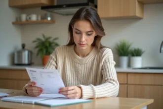 Jeune femme examine ses comptes dans une cuisine moderne