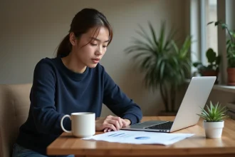 Jeune femme à la maison analysant des graphiques et notes