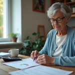 Calcul de la pension d’invalidité 2025 : quel montant prévoir ? Femme de 50 ans examine documents de retraite à la maison