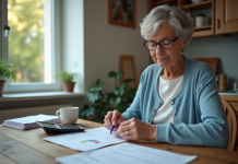 Calcul de la pension d’invalidité 2025 : quel montant prévoir ? Femme de 50 ans examine documents de retraite à la maison