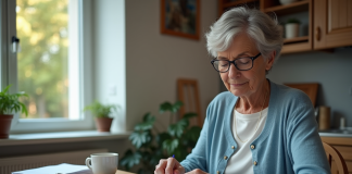Calcul de la pension d’invalidité 2025 : quel montant prévoir ? Femme de 50 ans examine documents de retraite à la maison