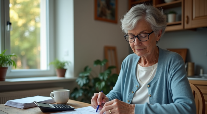 Calcul de la pension d’invalidité 2025 : quel montant prévoir ? Femme de 50 ans examine documents de retraite à la maison