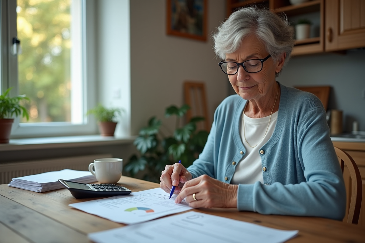 Femme de 50 ans examine documents de retraite à la maison