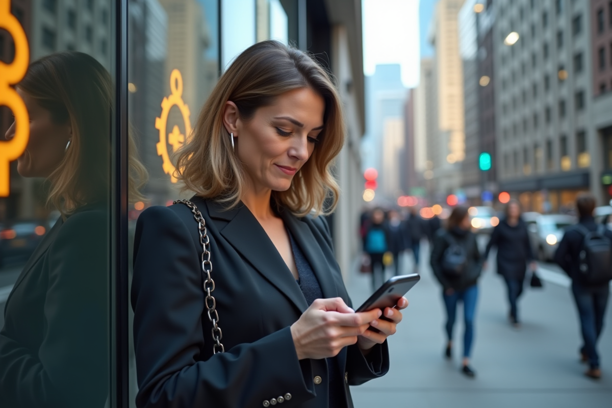 Femme d affaires vérifiant une application de cryptomonnaie en ville