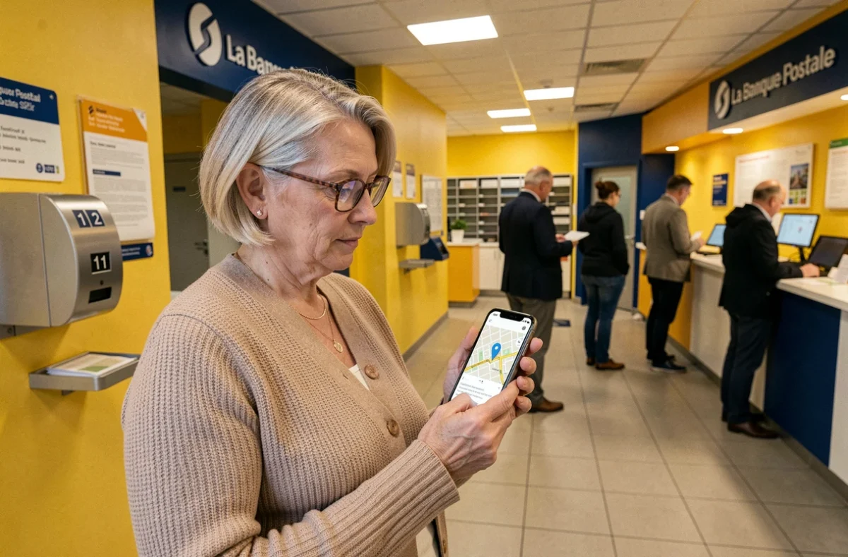 Femme consultant un plan sur smartphone pour localiser un Centre Financier La Banque Postale dans une agence postale