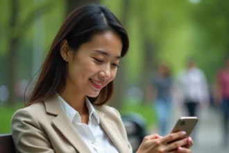 Jeune femme utilisant son smartphone pendant une pause déjeuner dans un parc urbain pour gagner de l'argent avec une application mobile