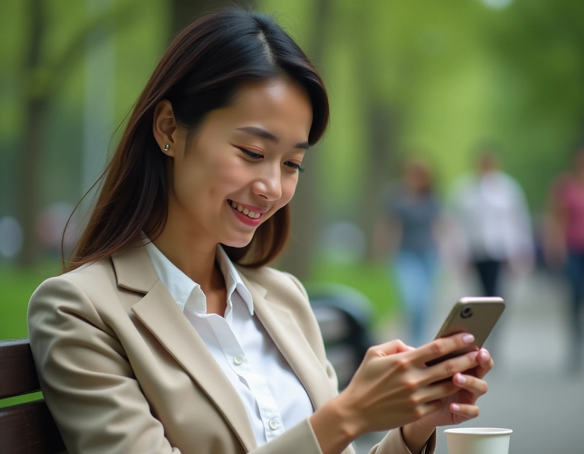 Jeune femme utilisant son smartphone pendant une pause déjeuner dans un parc urbain pour gagner de l'argent avec une application mobile
