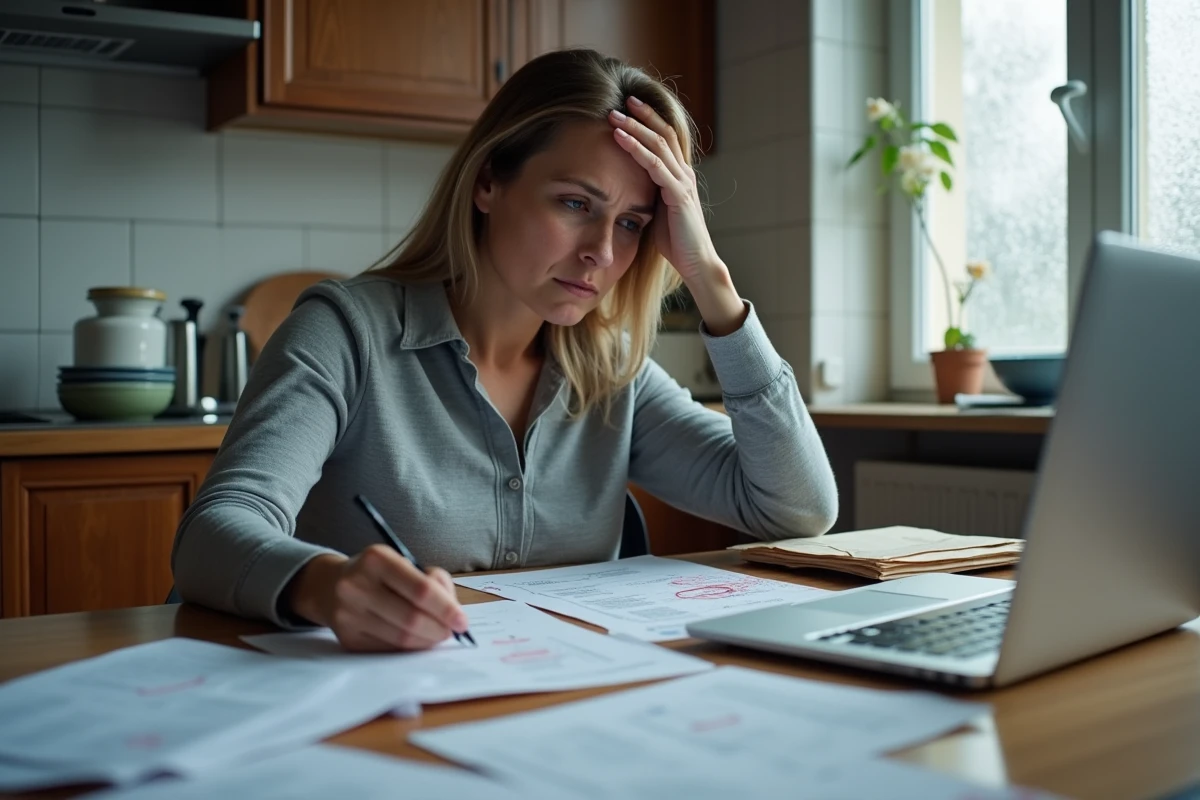 Femme stressée face à des lettres de surendettement et fichiers Intrum sur une table de cuisine encombrée