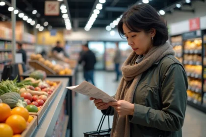 Femme d'âge moyen examine un panneau dans un supermarché