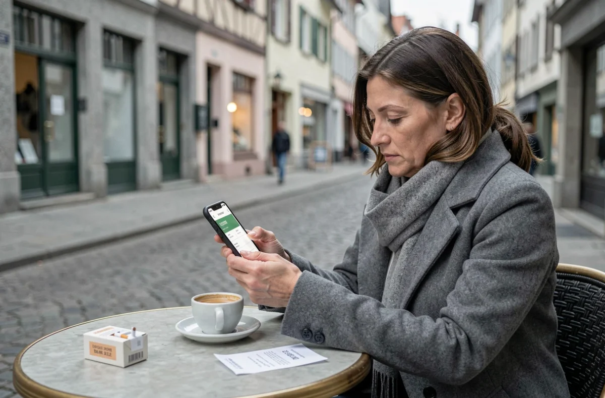 Femme consultant son téléphone sur une terrasse de café en zone frontalière franco-allemande avec un paquet de cigarettes et un reçu sur la table