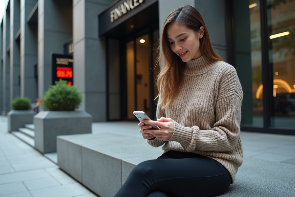 Jeune femme vérifiant une application de trading sur son smartphone dehors
