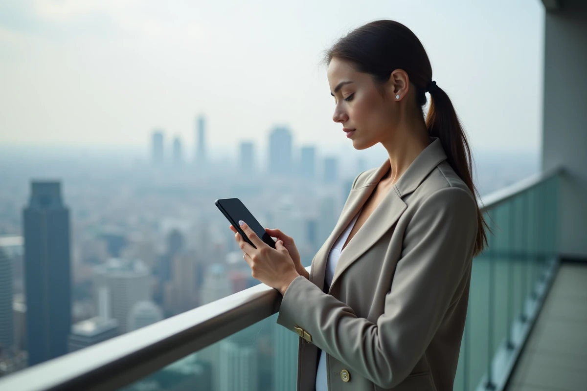 Femme en blazer regardant la skyline en trading