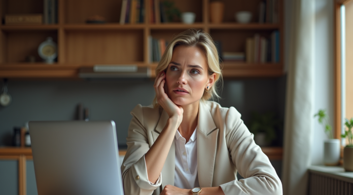 Femme dapproximativement 40 ans travaillant à la maison