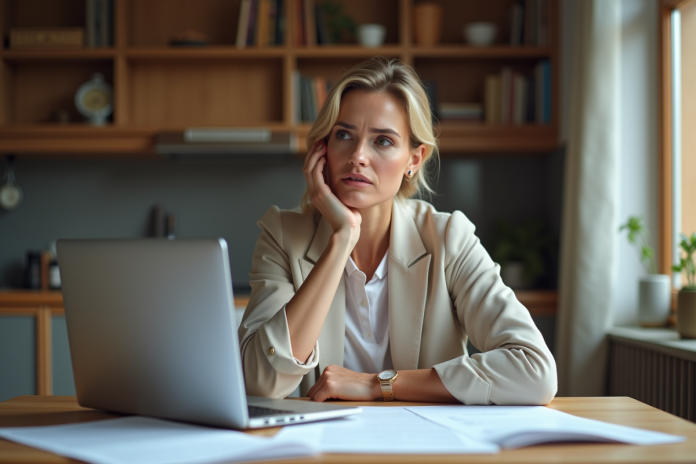 Femme dapproximativement 40 ans travaillant à la maison