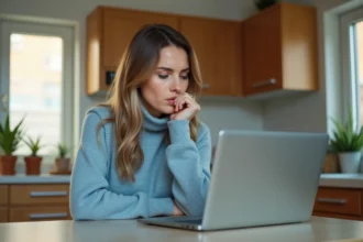 Femme au travail à la maison avec ordinateur et expression inquiète