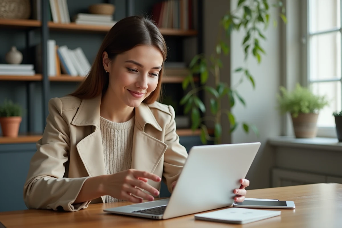 Femme compare applications bancaires dans sa cuisine