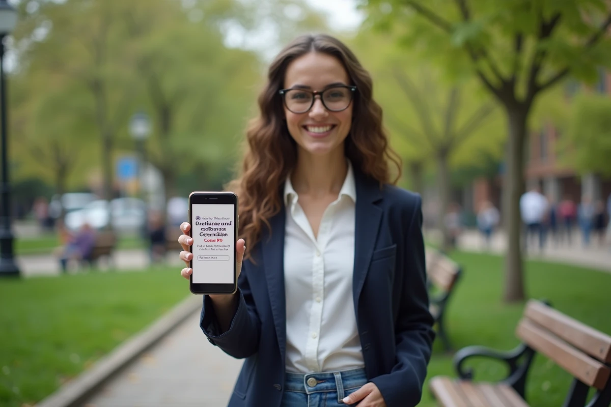 Jeune femme avec smartphone confirmant une donation en extérieur