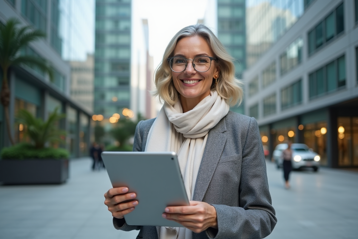 Femme souriante tenant une tablette avec graphiques Ethereum