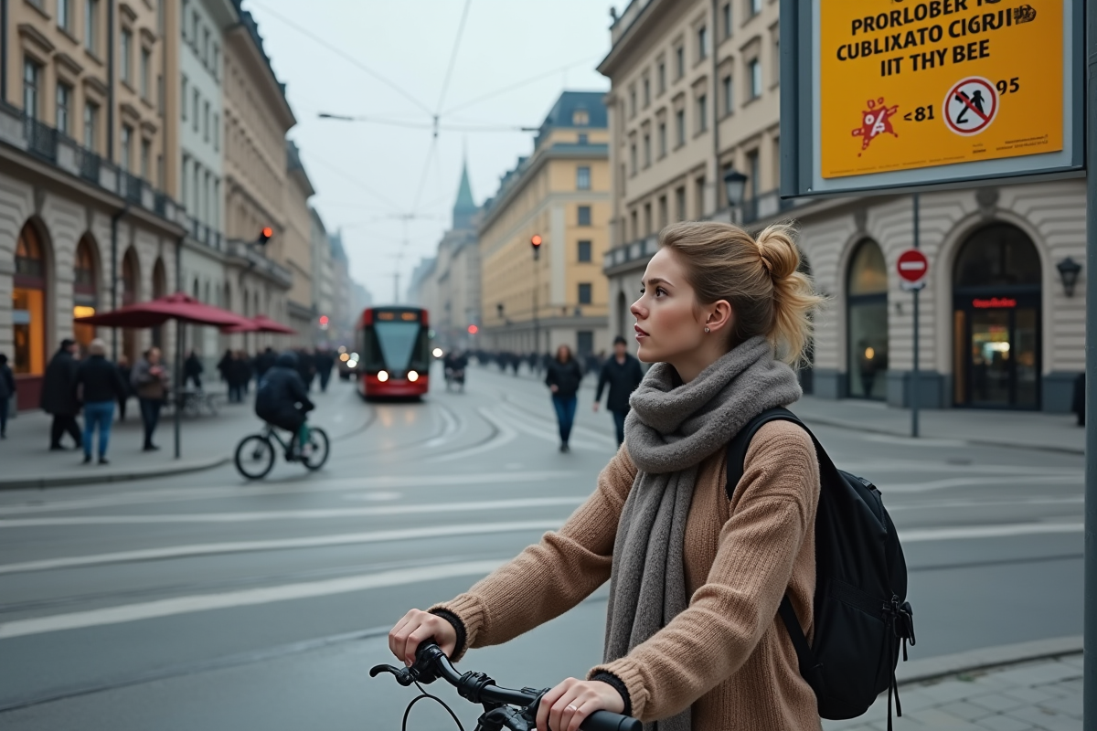 Jeune femme avec vélo devant panneau de taxes carbone à Stockholm