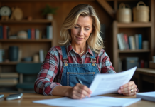 Fermière dans son bureau rural examine des documents d'assurance