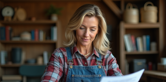 Fermière dans son bureau rural examine des documents d'assurance