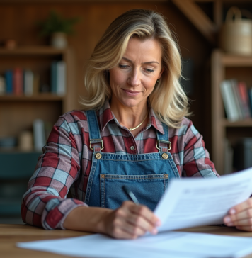 Fermière dans son bureau rural examine des documents d'assurance