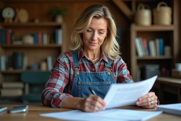 Fermière dans son bureau rural examine des documents d'assurance