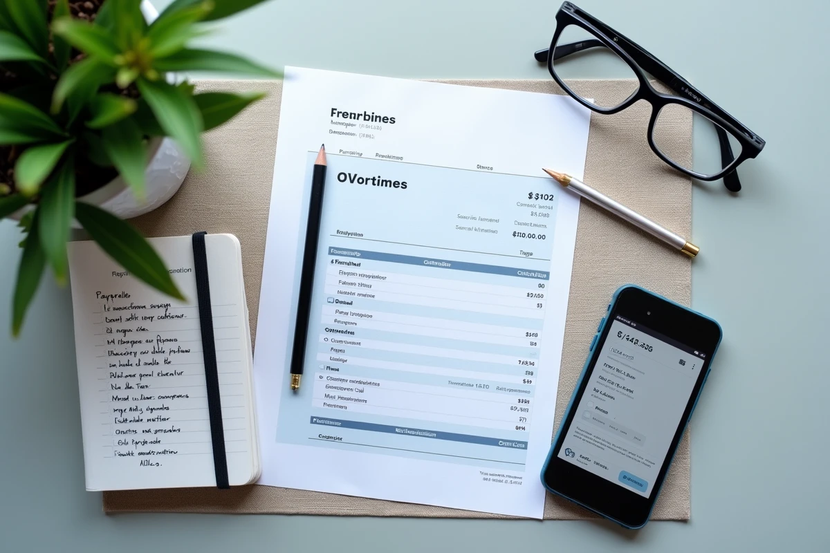 Vue de dessus d'un bureau avec fiche de paie française, checklist de réduction fiscale des heures supplémentaires et smartphone affichant une application de paie