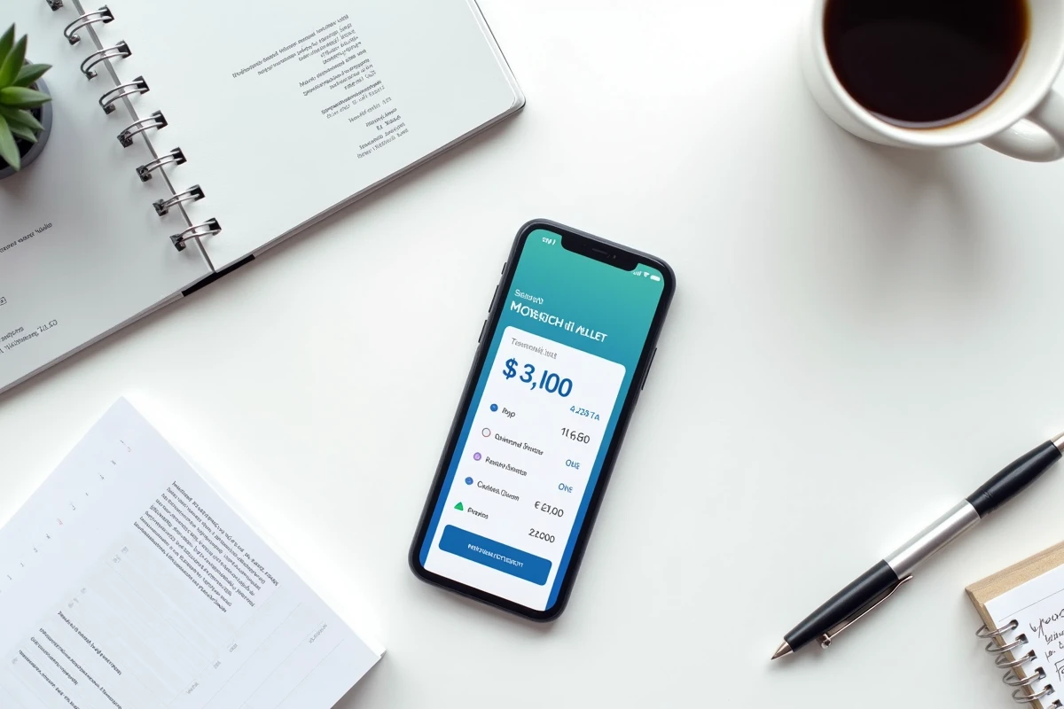 Vue aérienne d'un bureau avec smartphone affichant les limites et frais d'un service comme Leetche, entouré de documents financiers