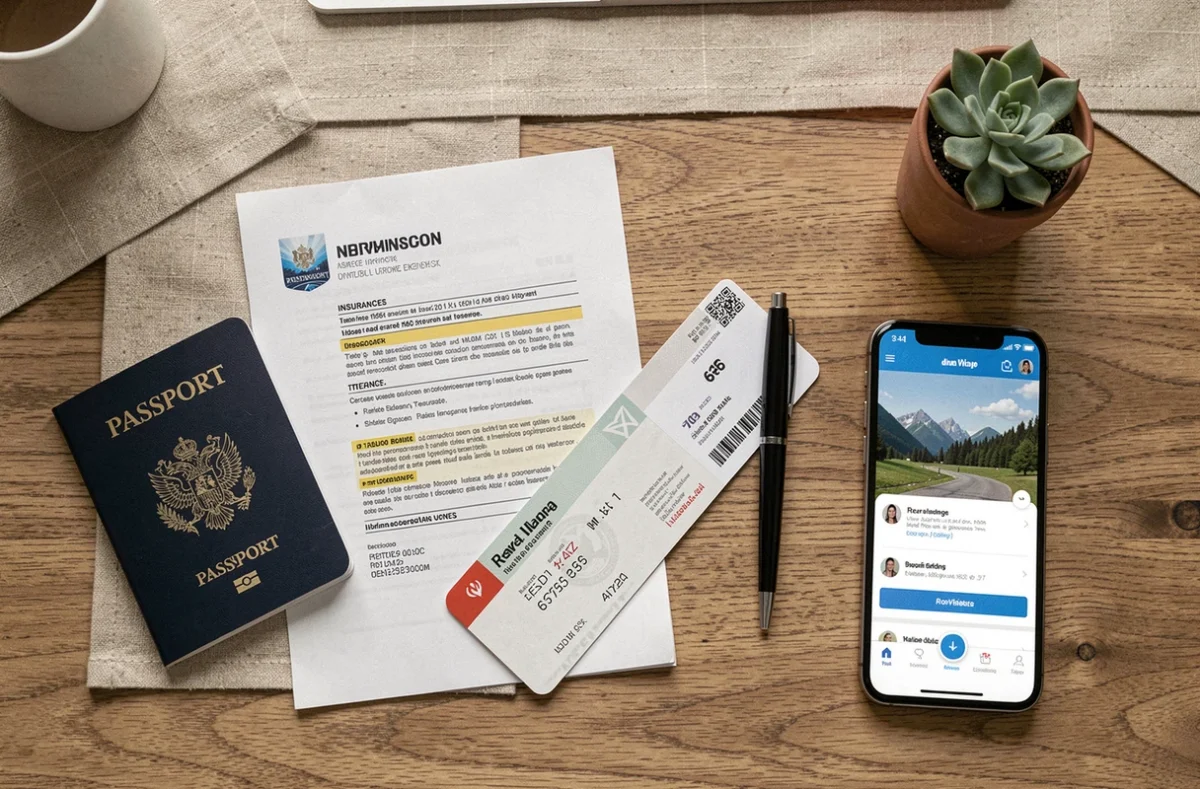 Vue de dessus des documents d'assurance voyage, passeport et carte d'embarquement sur un bureau en bois