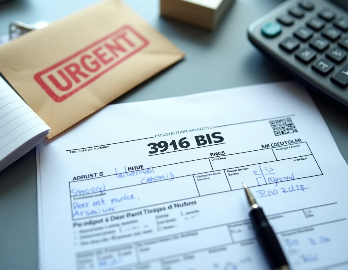 Vue aérienne d'un bureau avec formulaire 3916 BIS incomplet, enveloppe urgente et calendrier de date limite dépassée