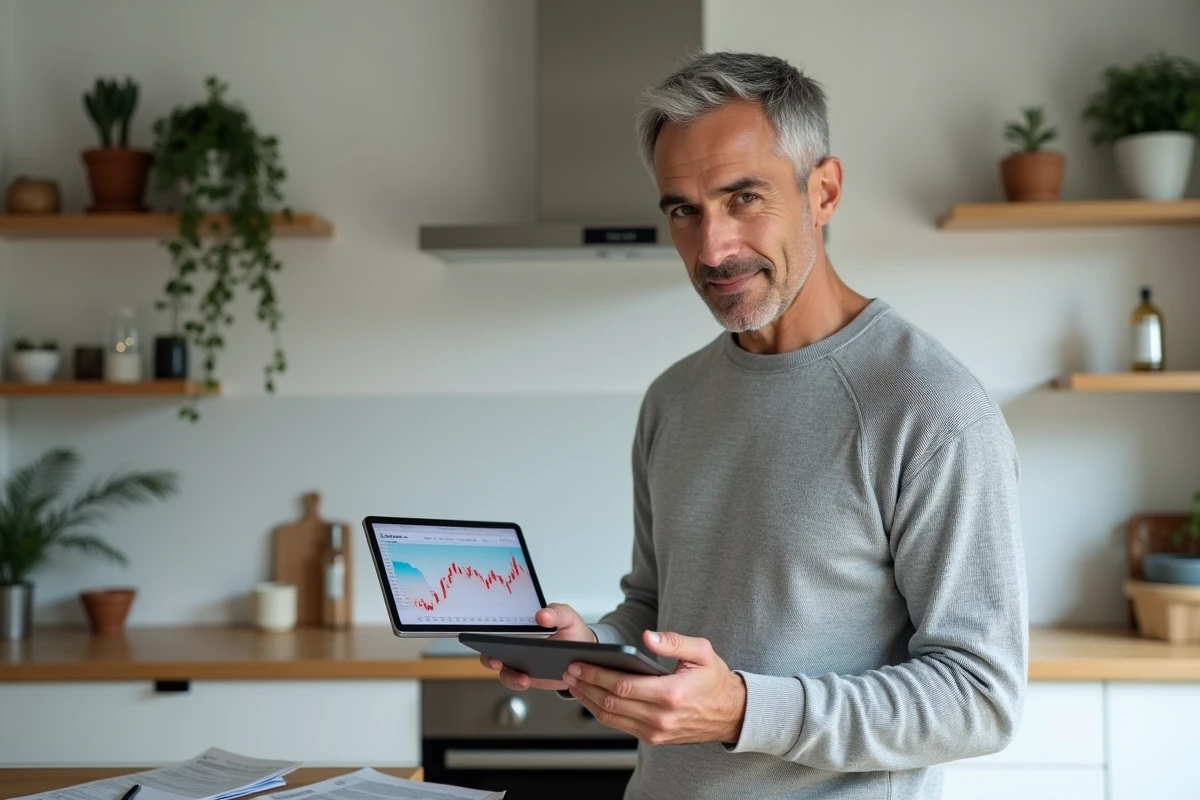 Homme consultant son portefeuille d'investissement sur tablette dans une cuisine moderne pour gérer ses finances personnelles