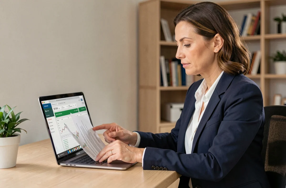 Professionnelle en télétravail gérant la trésorerie et les paiements à distance sur son ordinateur portable
