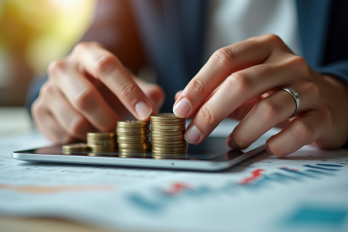 Mains empilant des pièces sur des journaux financiers