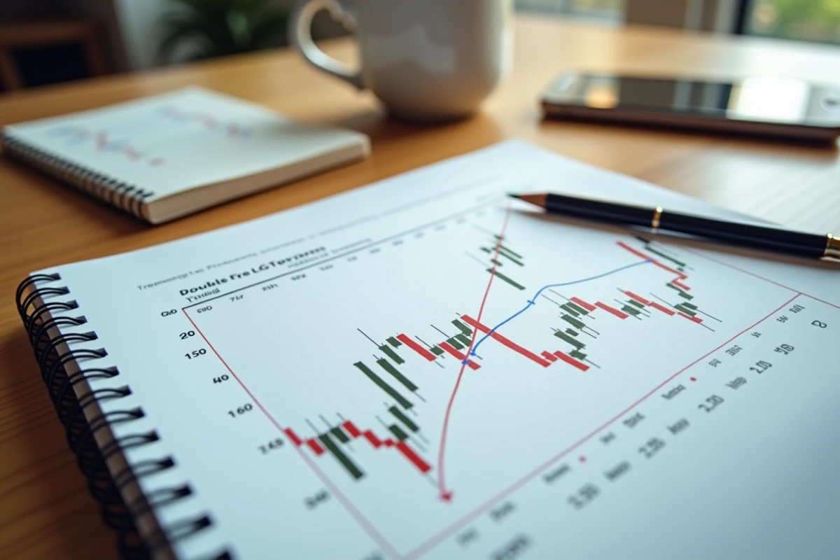 Vue plongeante sur un graphique imprimé de double bottom annoté en rouge posé sur un bureau avec un carnet de notes de trading