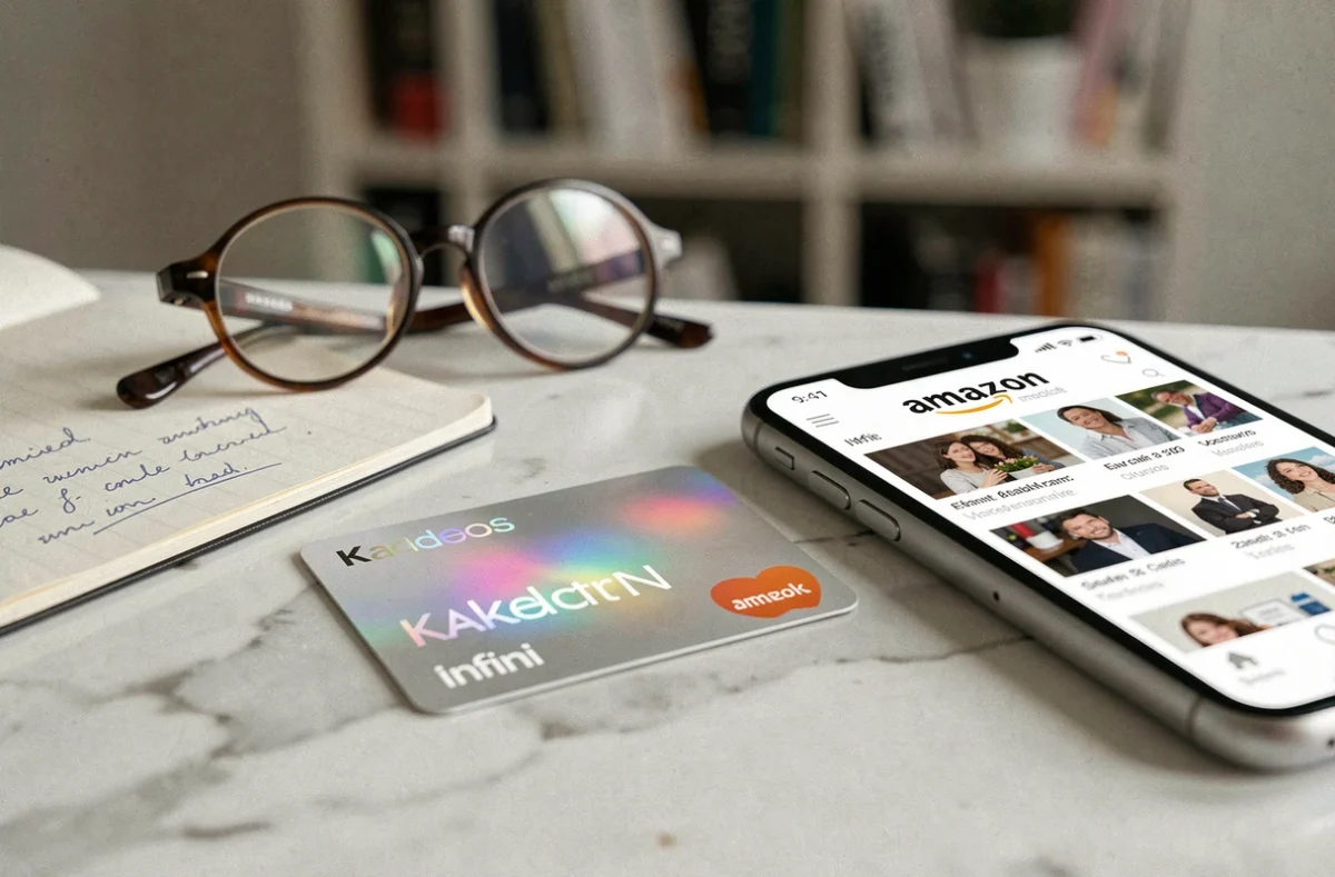 Gros plan d'une carte cadeau Kadeos Infini posée près d'un smartphone affichant Amazon, avec notes manuscrites sur les restrictions