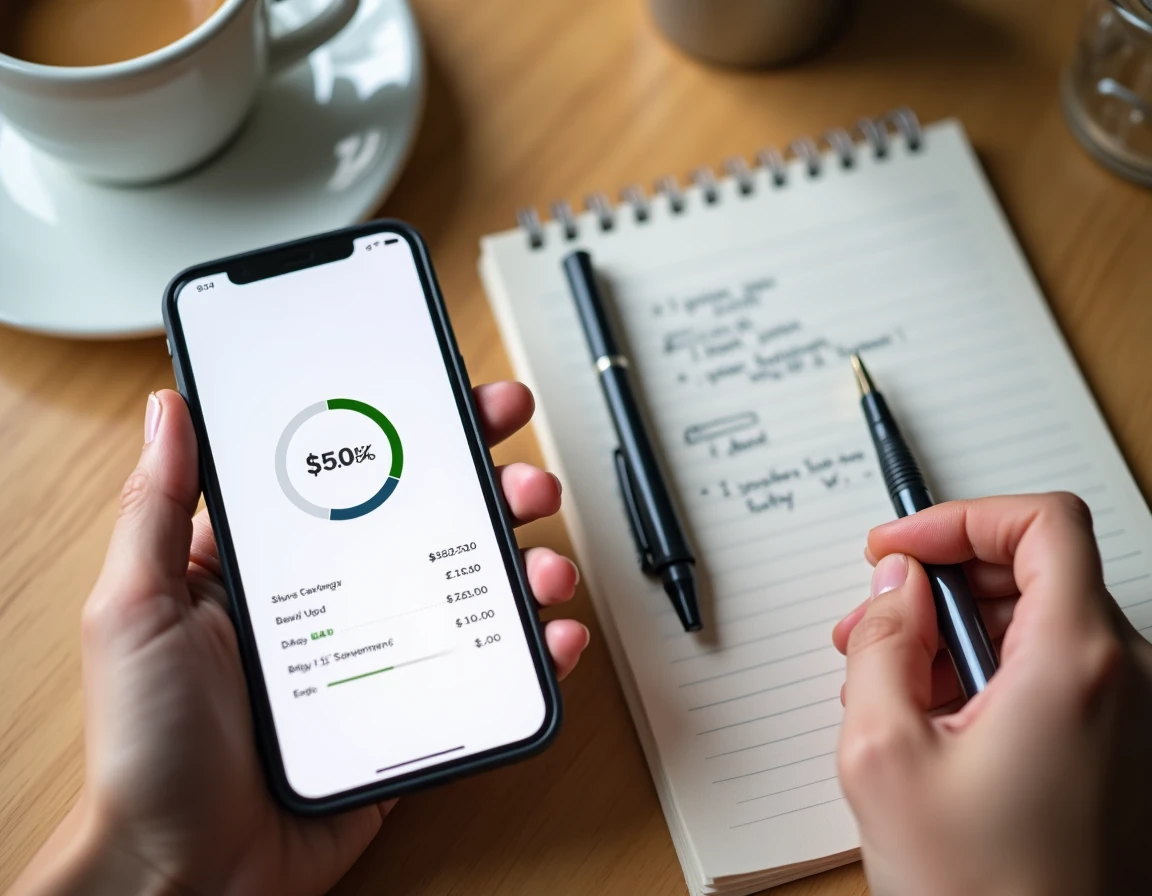 Gros plan de mains tenant un smartphone avec une application d'épargne et un carnet de budget manuscrit sur une table de café, représentant la planification d'un fonds d'urgence