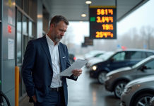 Homme d'affaires regardant la pompe à essence en Europe